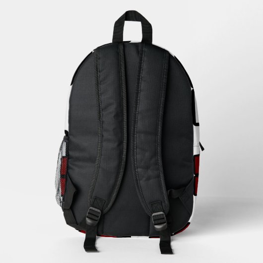 Modern Black Backpack with Deep Red & White Square プリントバックパック (裏面)