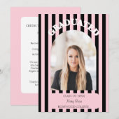 Modern Black & Blush Pink Striped Graduation 案内状 (正面/裏面)