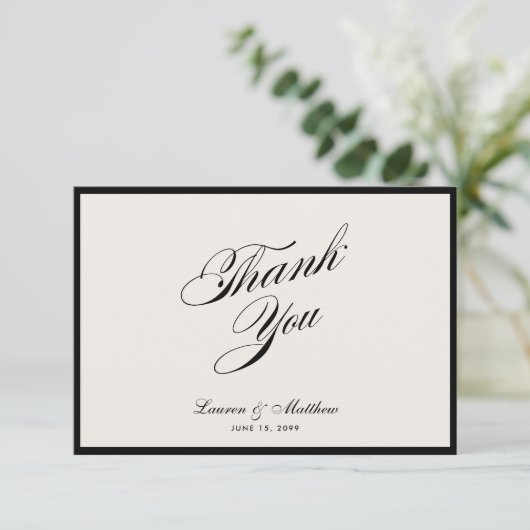 Modern Black Border Ivory Wedding Thank You Card 招待状 (スタンド正面)