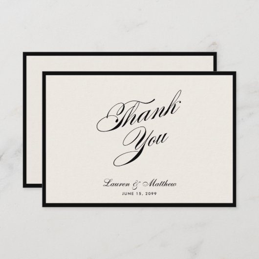 Modern Black Border Ivory Wedding Thank You Card 招待状 (正面/裏面)