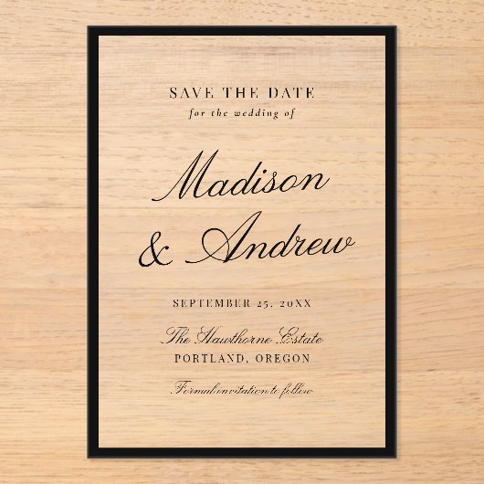 Modern Black Border Wedding Save the Date アクリル招待状 (正面)