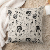 Modern Black Botanical Floral Sketch Pattern クッション (ブランケット)