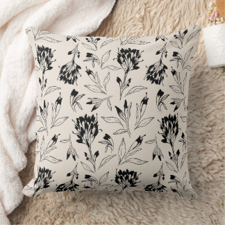 Modern Black Botanical Floral Sketch Pattern クッション
