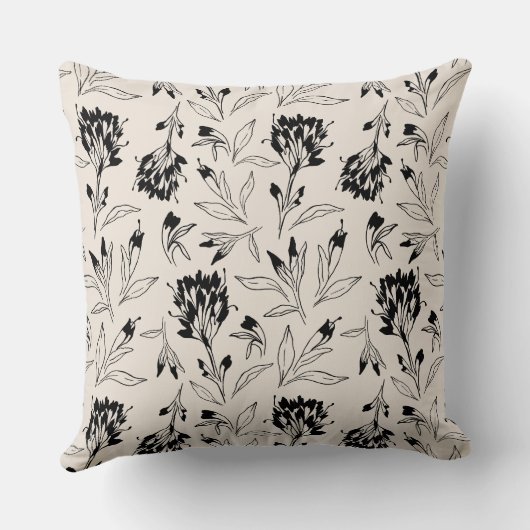 Modern Black Botanical Floral Sketch Pattern クッション (裏面)