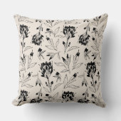 Modern Black Botanical Floral Sketch Pattern クッション (正面)