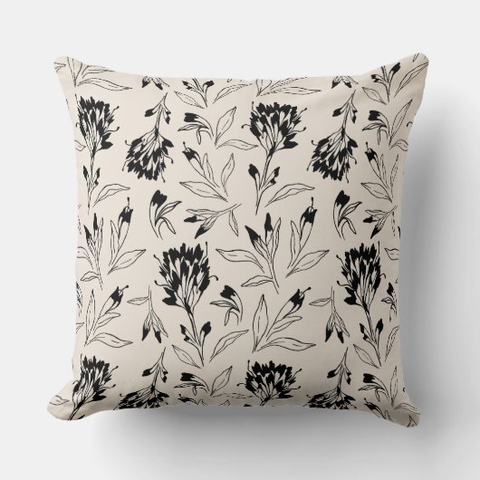 Modern Black Botanical Floral Sketch Pattern クッション (正面)