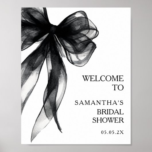 Modern Black Bow Bridal Shower Welcome Sign ポスター (正面)