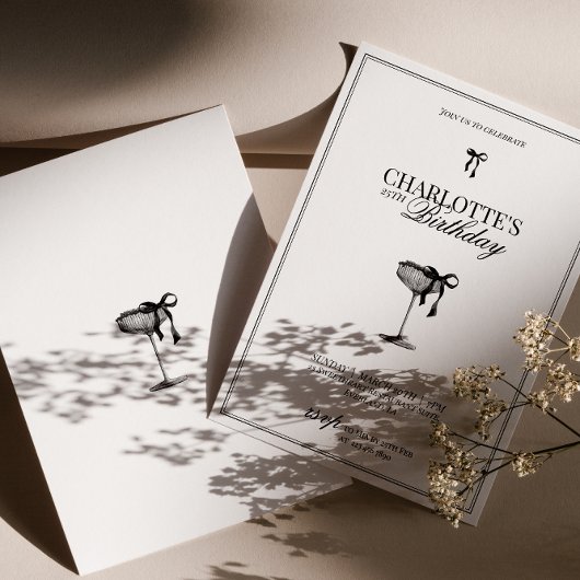 Modern Black Bow Champagne Birthday Invitation 招待状