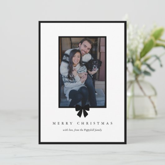 Modern Black Bow Christmas Photo シーズンカード (スタンド正面)