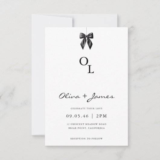 Modern Black Bow Monogram Wedding Invitation 招待状 (正面)