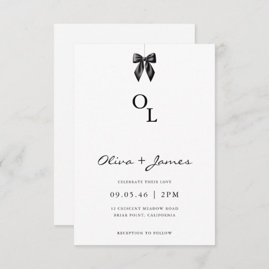 Modern Black Bow Monogram Wedding Invitation 招待状 (正面/裏面)