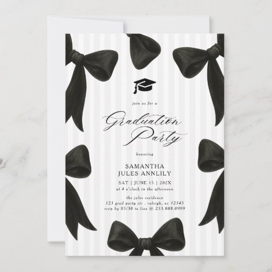 Modern Black Bow Stripes Photo Graduation Party  招待状 (正面)
