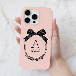 Modern Black Bow Stylish Girly Blush Pink Monogram iPhone 15 Pro Maxケース