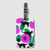 Modern Black Cat and Cactus Pattern Monogram ラゲッジタグ (正面縦)