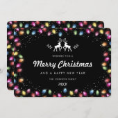 Modern Black Christmas Lights Reindeer Snow シーズンカード (正面/裏面)