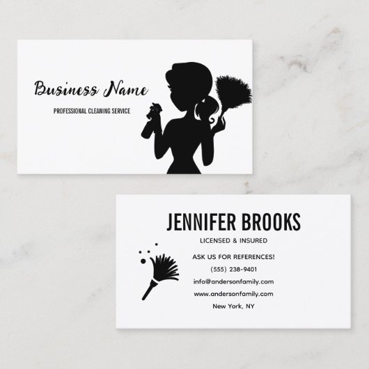 Modern Black Cleaning Service Housekeeper Maid 名刺 (正面/裏面)