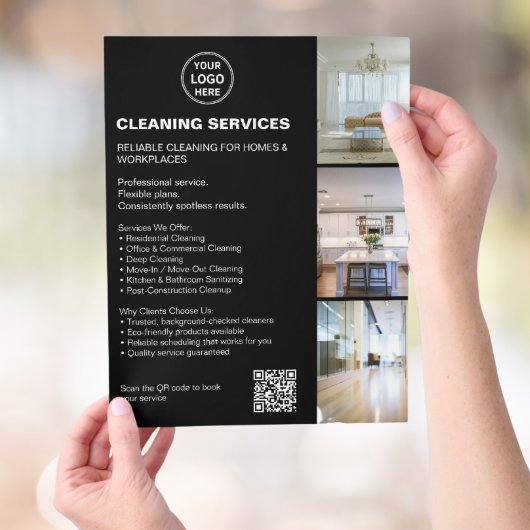 Modern Black Cleaning Services Photo Logo QR チラシ
