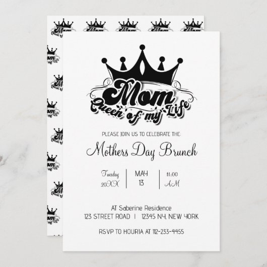 Modern Black Crown MOM Queen of my life Invitation 招待状 (正面/裏面)