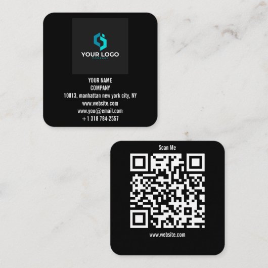 Modern Black Custom Logo and QR Code スクエア名刺 (正面/裏面)