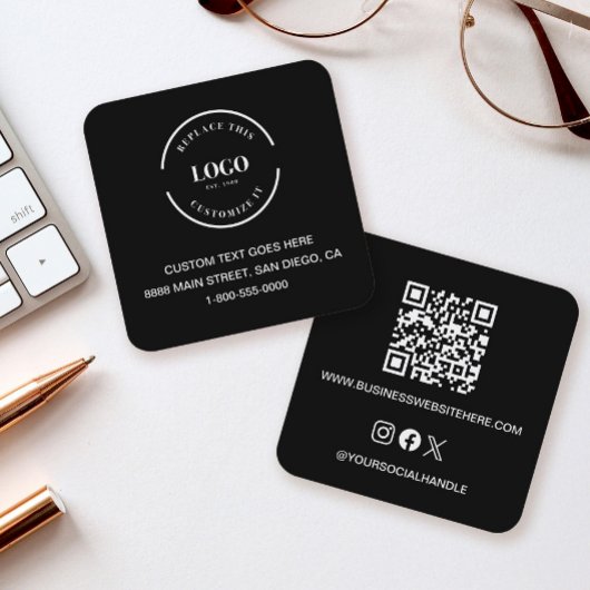 Modern Black Custom Logo Business Card QR code スクエア名刺