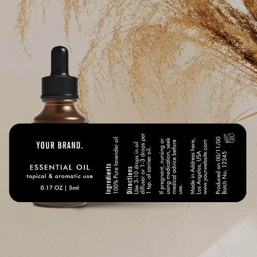 Modern Black Essential Oil Dropper Bottle Wrapper ラベル