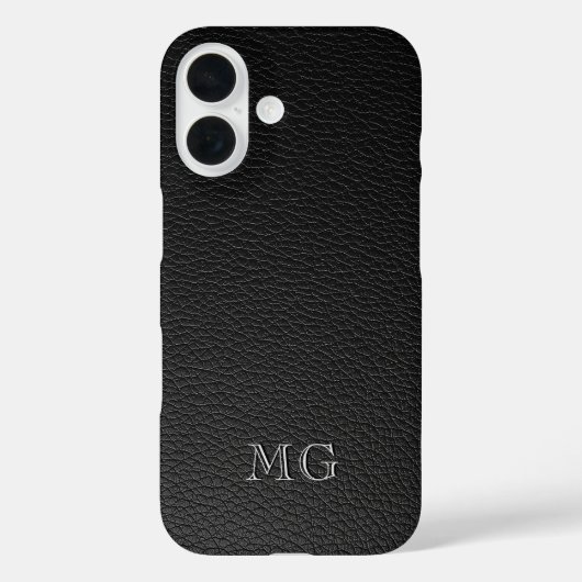 Modern Black Faux Leather White Monogram Initials Case-Mate iPhoneケース (裏面)