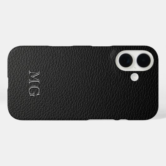 Modern Black Faux Leather White Monogram Initials Case-Mate iPhoneケース (裏面 (横))