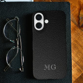 Modern Black Faux Leather White Monogram Initials Case-Mate iPhoneケース