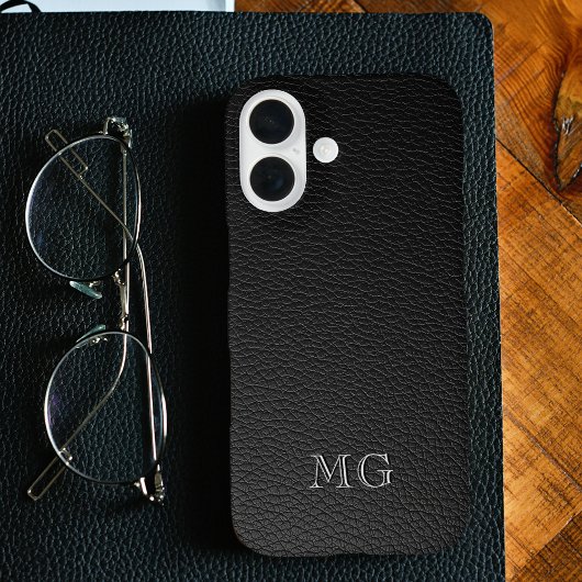 Modern Black Faux Leather White Monogram Initials Case-Mate iPhoneケース