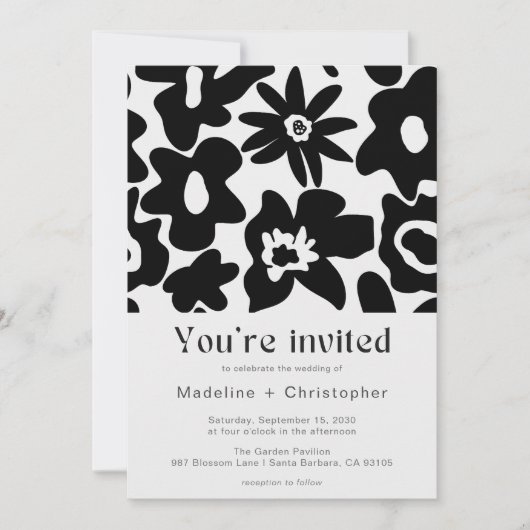 Modern Black Floral QR Code Wedding 招待状 (正面)