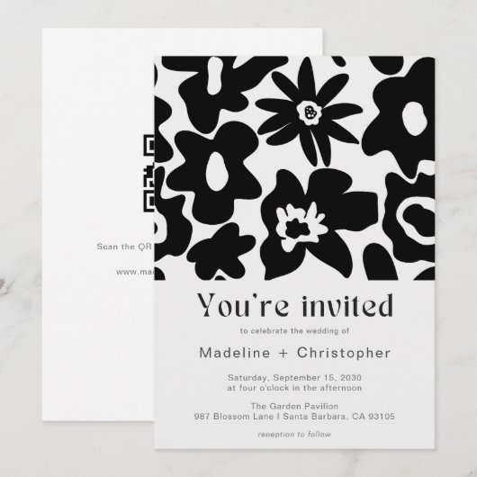 Modern Black Floral QR Code Wedding 招待状 (正面/裏面)