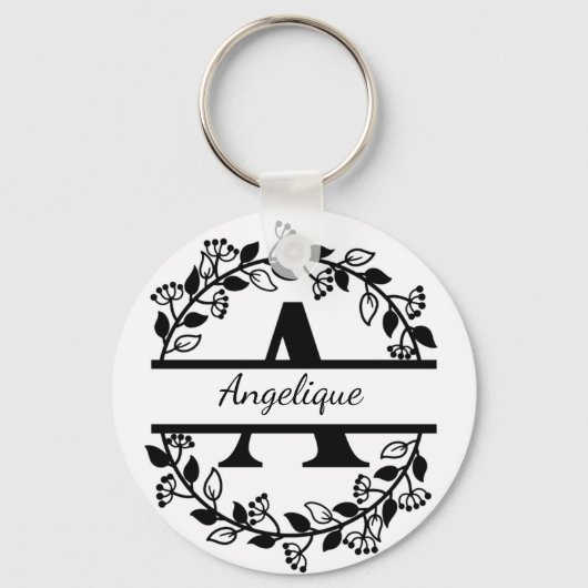 Modern Black Floral Wreath Split Monogram "A" キーホルダー (正面)