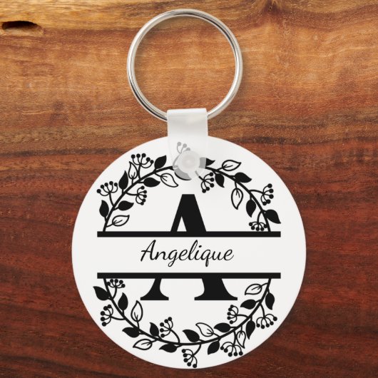 Modern Black Floral Wreath Split Monogram "A" キーホルダー (正面)