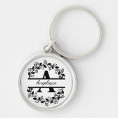 Modern Black Floral Wreath Split Monogram "A" キーホルダー (正面)