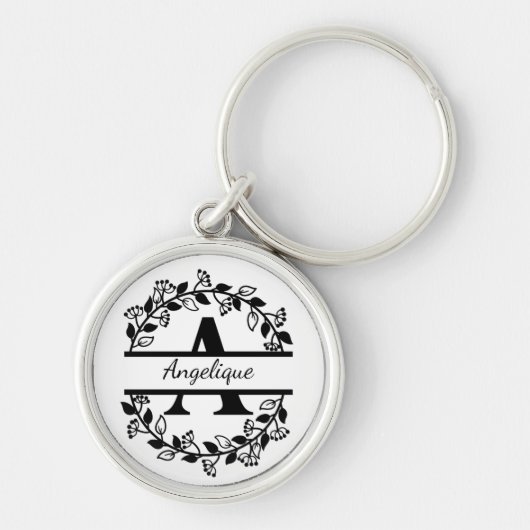 Modern Black Floral Wreath Split Monogram "A" キーホルダー (正面)