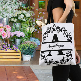 Modern Black Floral Wreath Split Monogram "A" トートバッグ