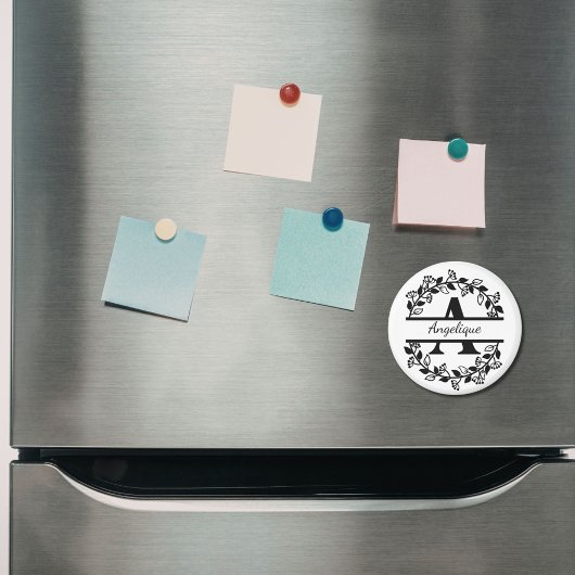 Modern Black Floral Wreath Split Monogram "A" マグネット