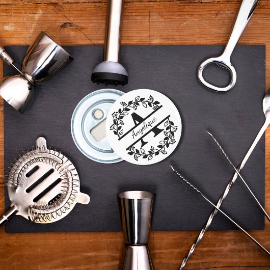 Modern Black Floral Wreath Split Monogram "A" 栓抜き