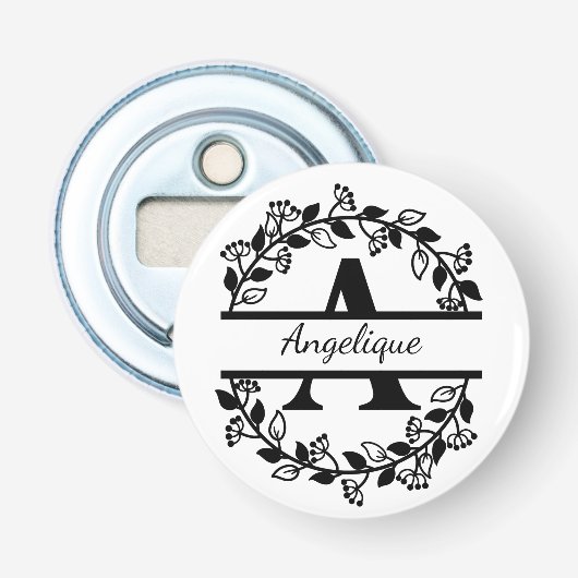 Modern Black Floral Wreath Split Monogram "A" 栓抜き (正面)