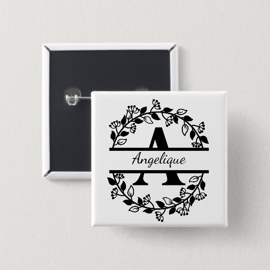 Modern Black Floral Wreath Split Monogram "A" 缶バッジ (正面&裏面)