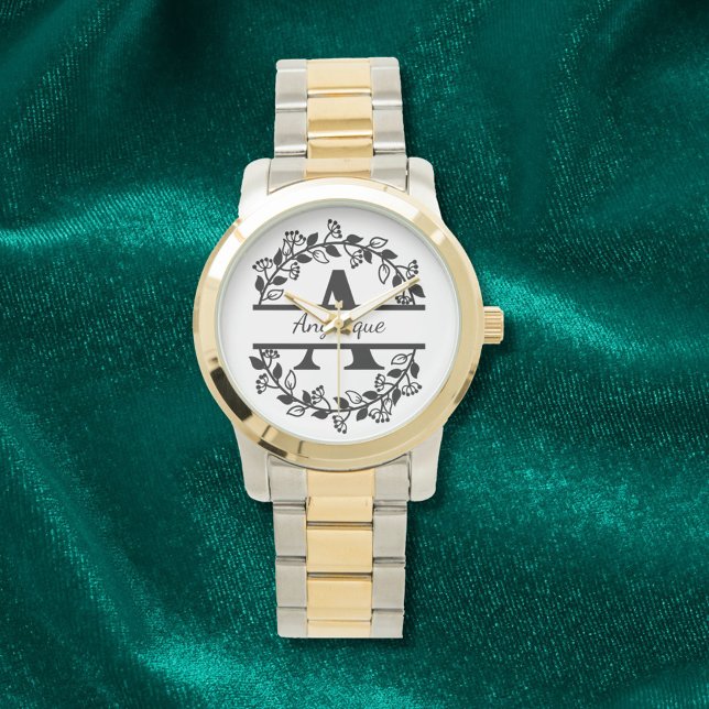 Modern Black Floral Wreath Split Monogram "A" 腕時計 (クリエイターアップロード済み)