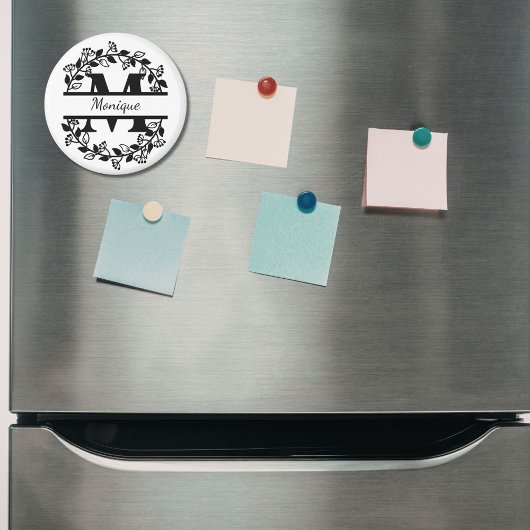 Modern Black Floral Wreath Split Monogram "M" マグネット