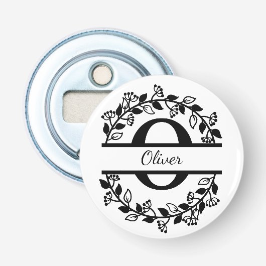 Modern Black Floral Wreath Split Monogram "O" 栓抜き (正面)