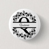 Modern Black Floral Wreath Split Monogram "Q Round 缶バッジ (正面)