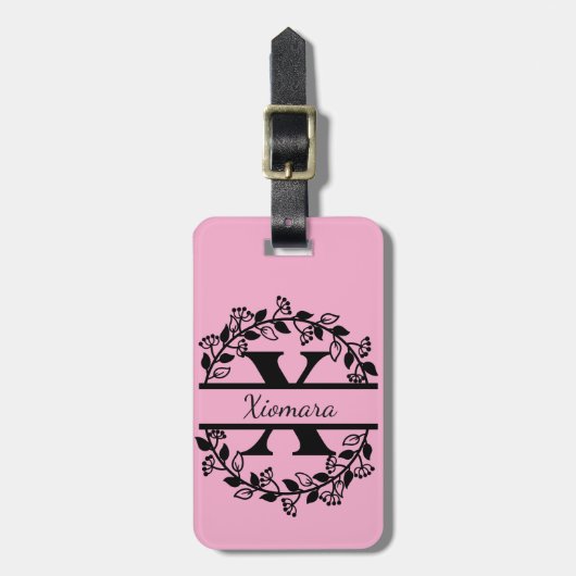 Modern Black Floral Wreath Split Monogram "X" ラゲッジタグ (正面縦)