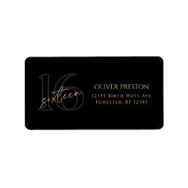 Modern Black Gold 16th Birthday Address Label ラベル