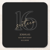 Modern Black Gold 16th Birthday Party  スクエアペーパーコースター (正面)
