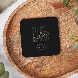 Modern Black Gold 16th Birthday Party  スクエアペーパーコースター