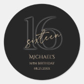 Modern Black Gold 16th Birthday Party ラウンドシール (正面)