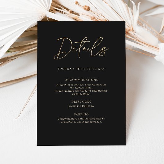 Modern Black Gold 16th Birthday Party Details Card